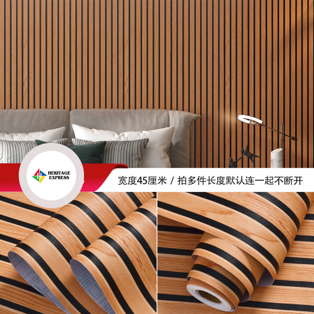 3D faux wood slat peel-and-stick wallpaper designed to replicate acoustic wood panels.